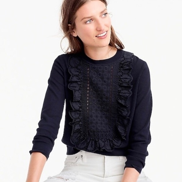 J. Crew Tops - J. Crew Eyelet Navy Ruffle Cotton Sweater